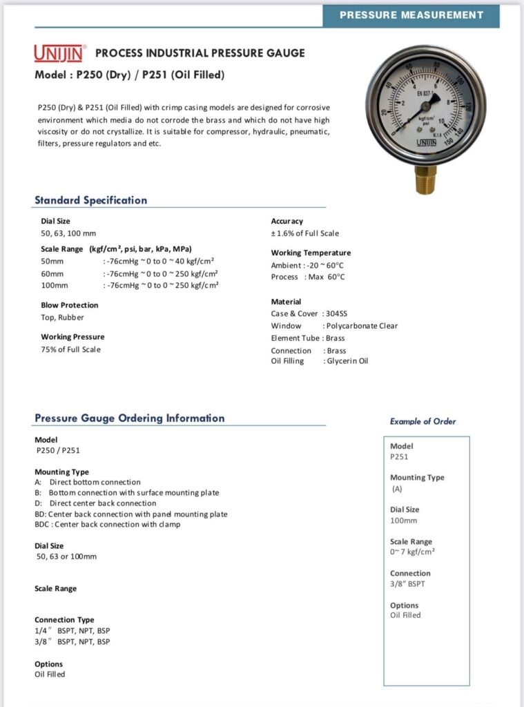 เกจวัดแรงดัน Unijin Pressure Gauge รุ่นมาตรฐาน ใช้วัดแรงดันลม แรงดันน้ำ และของเหลวในระบบอุตสาหกรรม