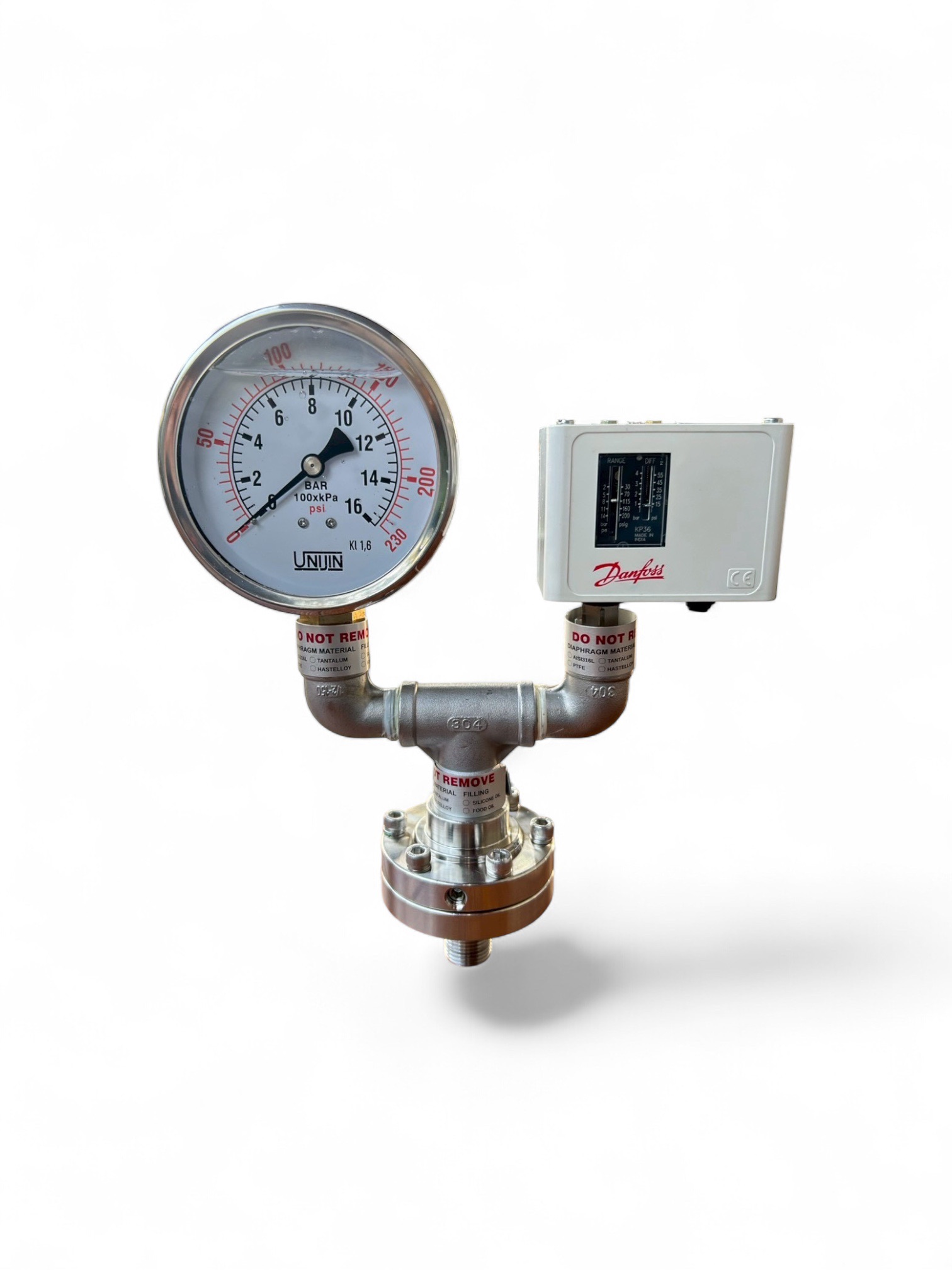 ชุดเพรสเชอร์สวิทช์ Pressure Switch Danfoss พร้อมเกจวัดแรงดัน Unijin และ Diaphragm Seal KANO