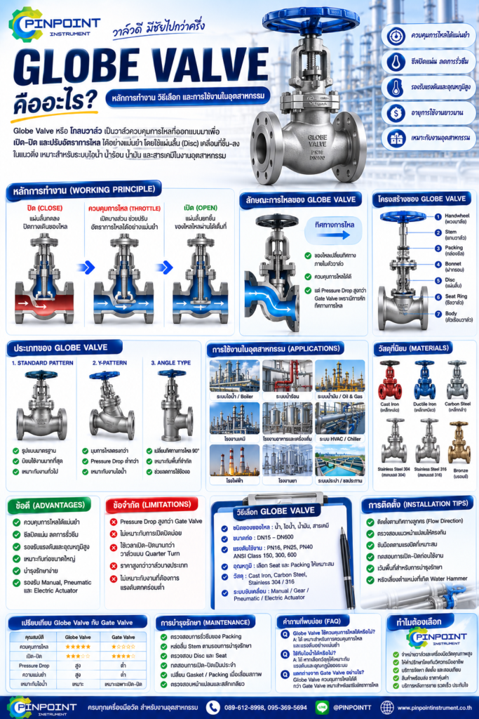 Globe Valve คืออะไร หลักการทำงาน วิธีเลือก การติดตั้ง และการใช้งานในอุตสาหกรรม