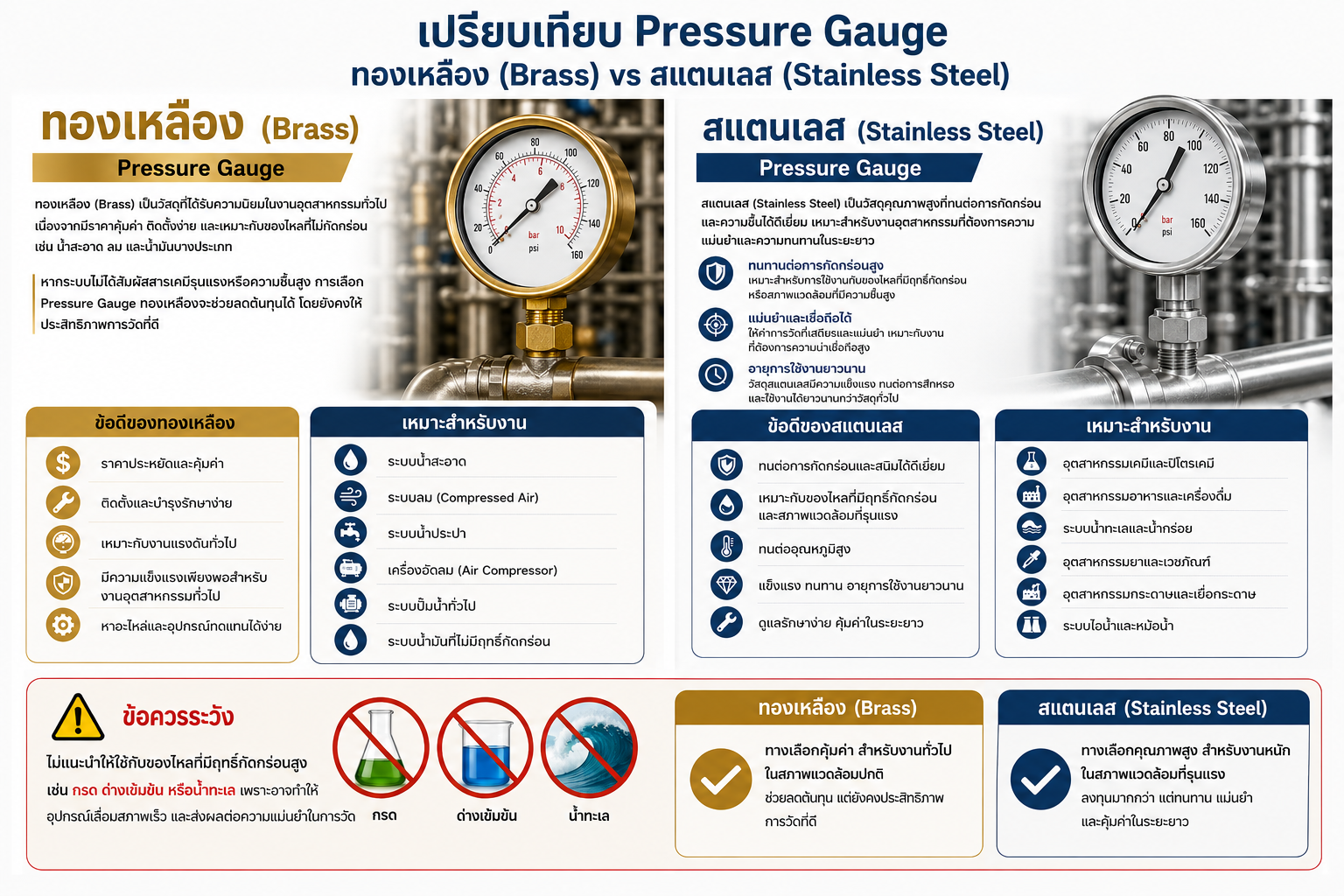 Pressure Gauge สแตนเลสหรือทองเหลือง แบบไหนเหมาะกับงานของคุณ