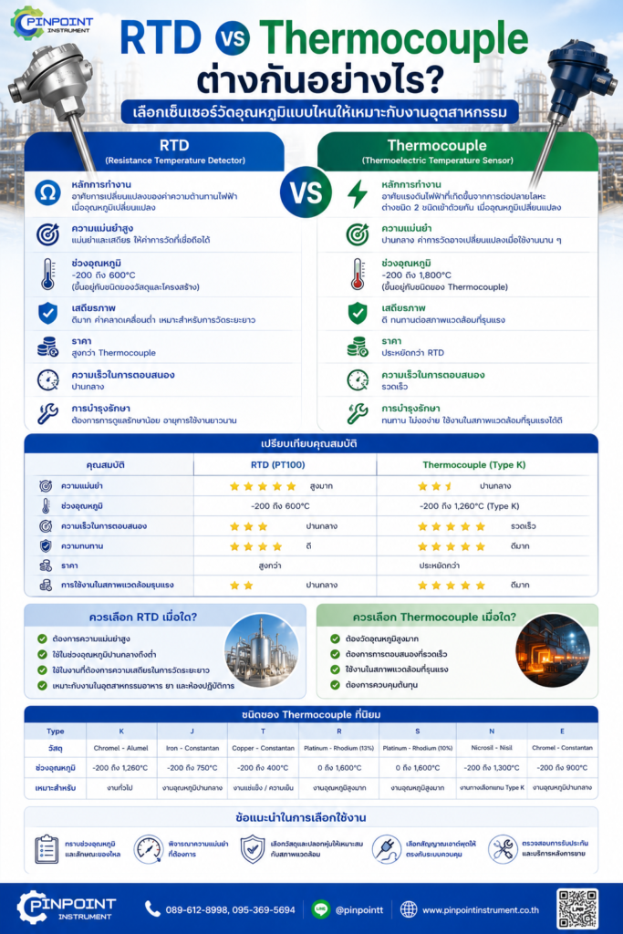 RTD vs Thermocouple ต่างกันอย่างไร? เลือกเซ็นเซอร์วัดอุณหภูมิแบบไหนให้เหมาะกับงานอุตสาหกรรม
