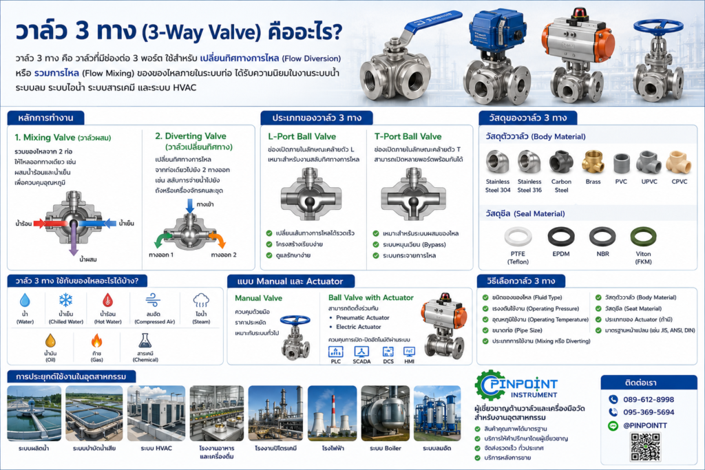 วาล์ว 3 ทาง (3-Way Valve) คืออะไร หลักการทำงาน ประเภท และวิธีเลือกใช้งานในระบบอุตสาหกรรม